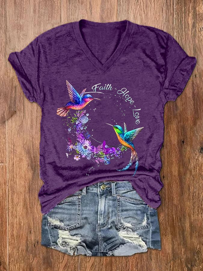 Women's Faith Hope Love Hummingbird Alzheimer's Awareness Printed V-Neck Tee