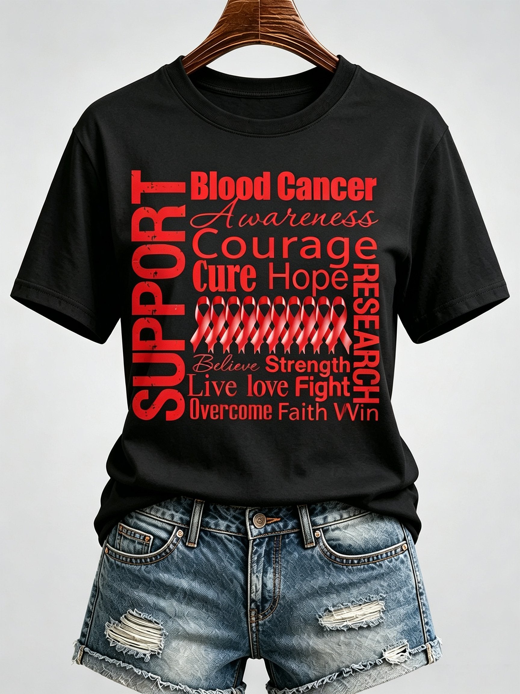 Women'S Blood Cancer Red Ribbon Health Awareness Round Neck T-Shirt