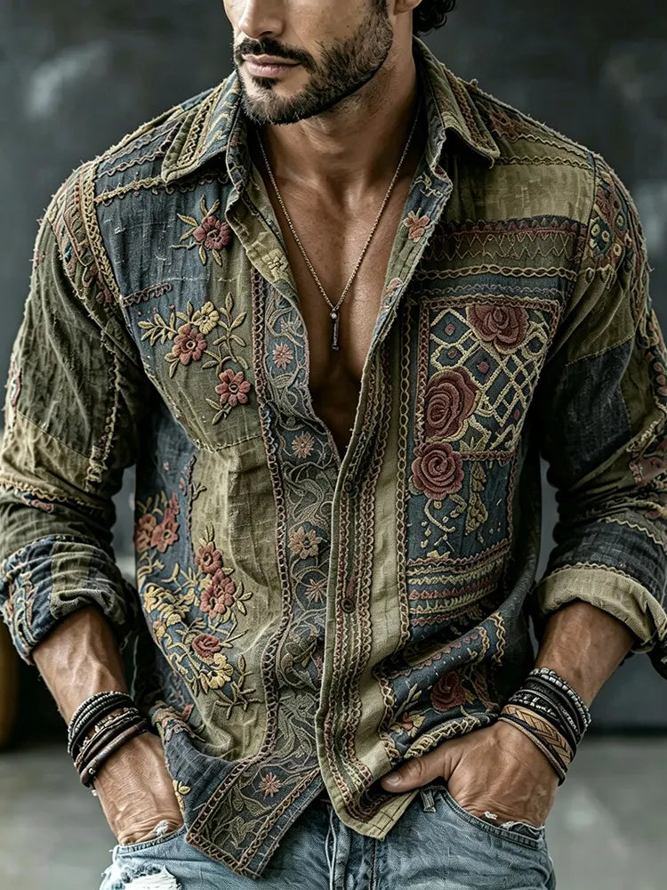 Men's Vintage Floral  Patchwork Embroidered Art Print Flowy Linen Blend Casual Shirt