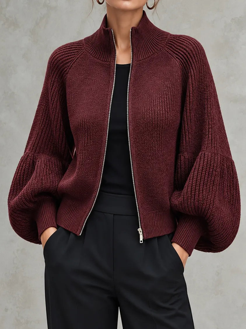 Elegant Cropped Zip-up Knit Cardigan With Lantern Sleeves