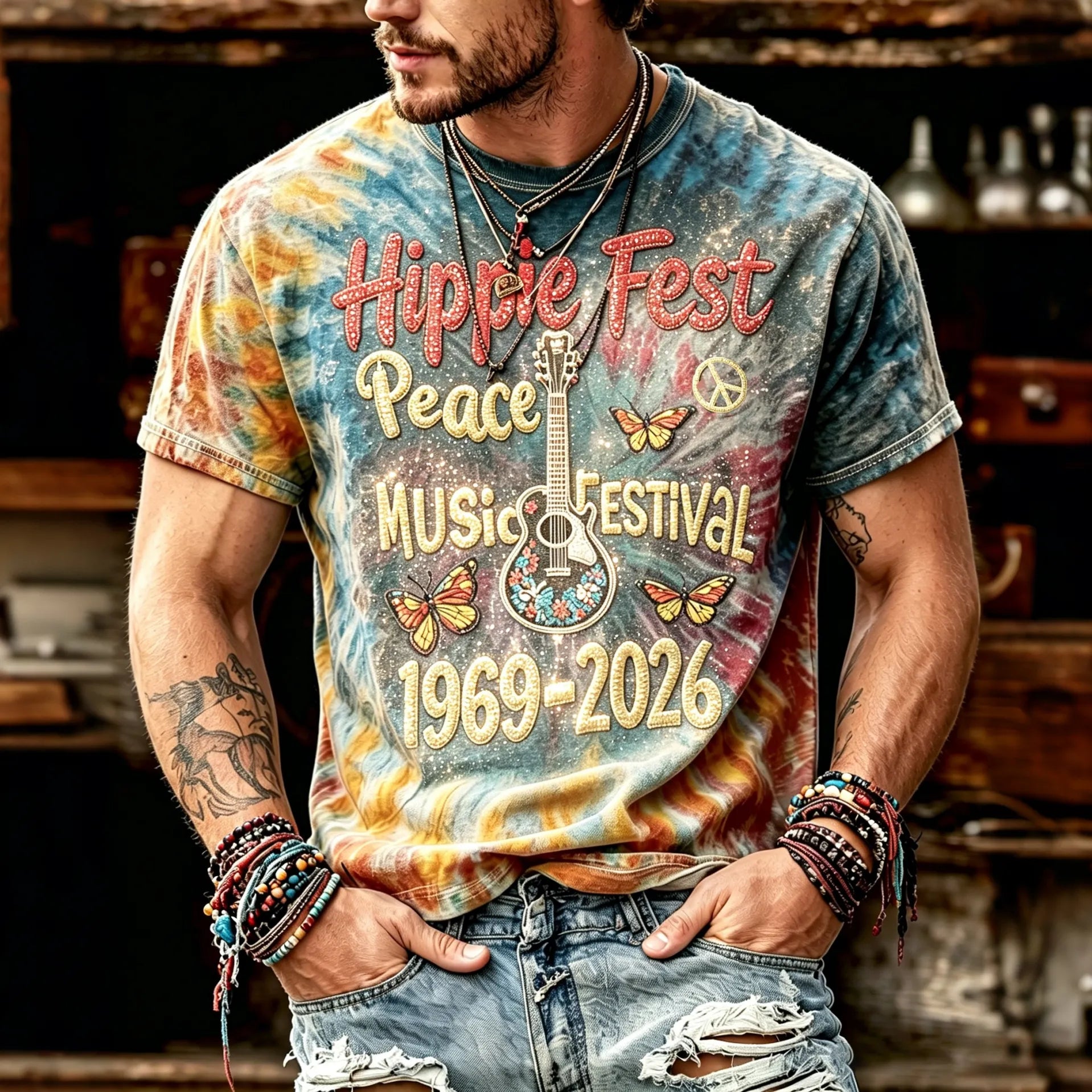 Men's Vintage 60s Tie Dye Music Art Hippie Crew Neck T-shirt