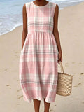 Women's Casual Retro Pink Plaid Print Sleeveless Dress