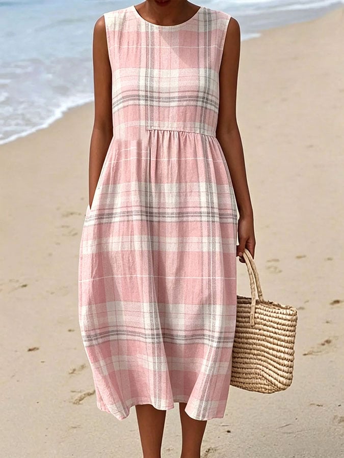Women's Casual Retro Pink Plaid Print Sleeveless Dress