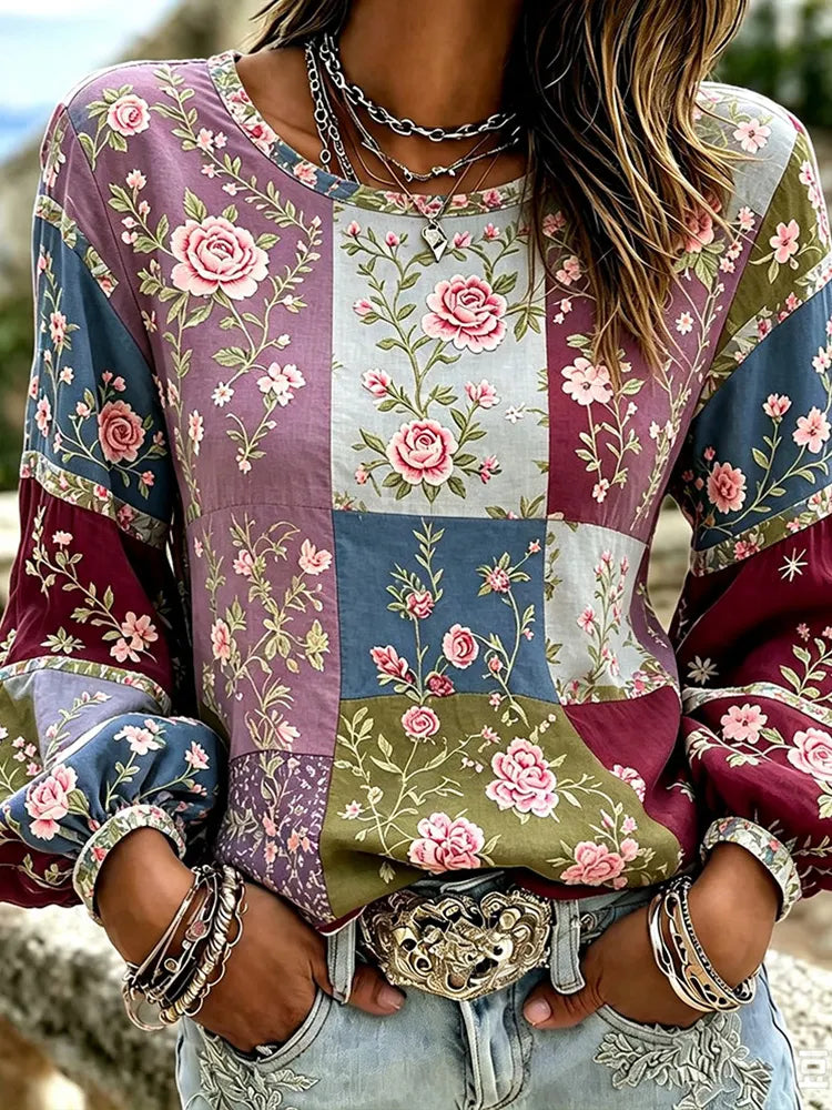 Women's Vintage Pink Floral Art Patchwork Linen Cotton Blend Crew Neck Long Sleeve Top