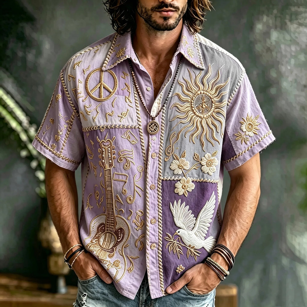 Men's Patchwork Denim Linen Short Sleeve Button Up Shirt, 3d Embroidery Guitar Peace Sign Sun Dove Floral Hippie Boho Vacation Shirt