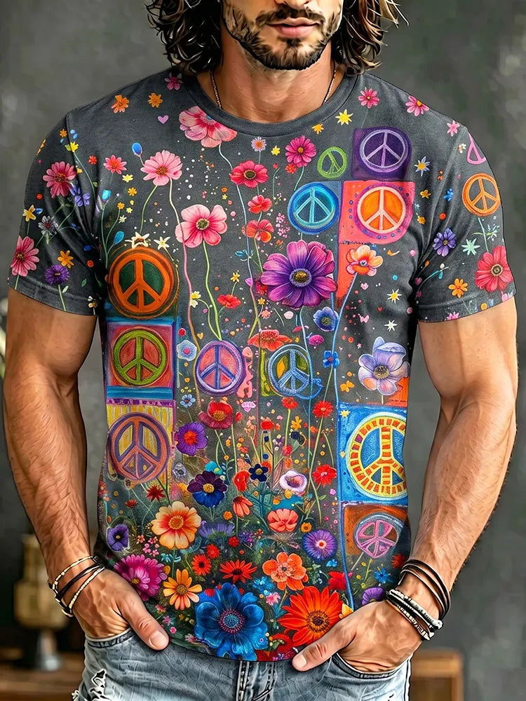 Men's Retro Hippie Peace Flower Print Crew Neck Short Sleeve T-shirt