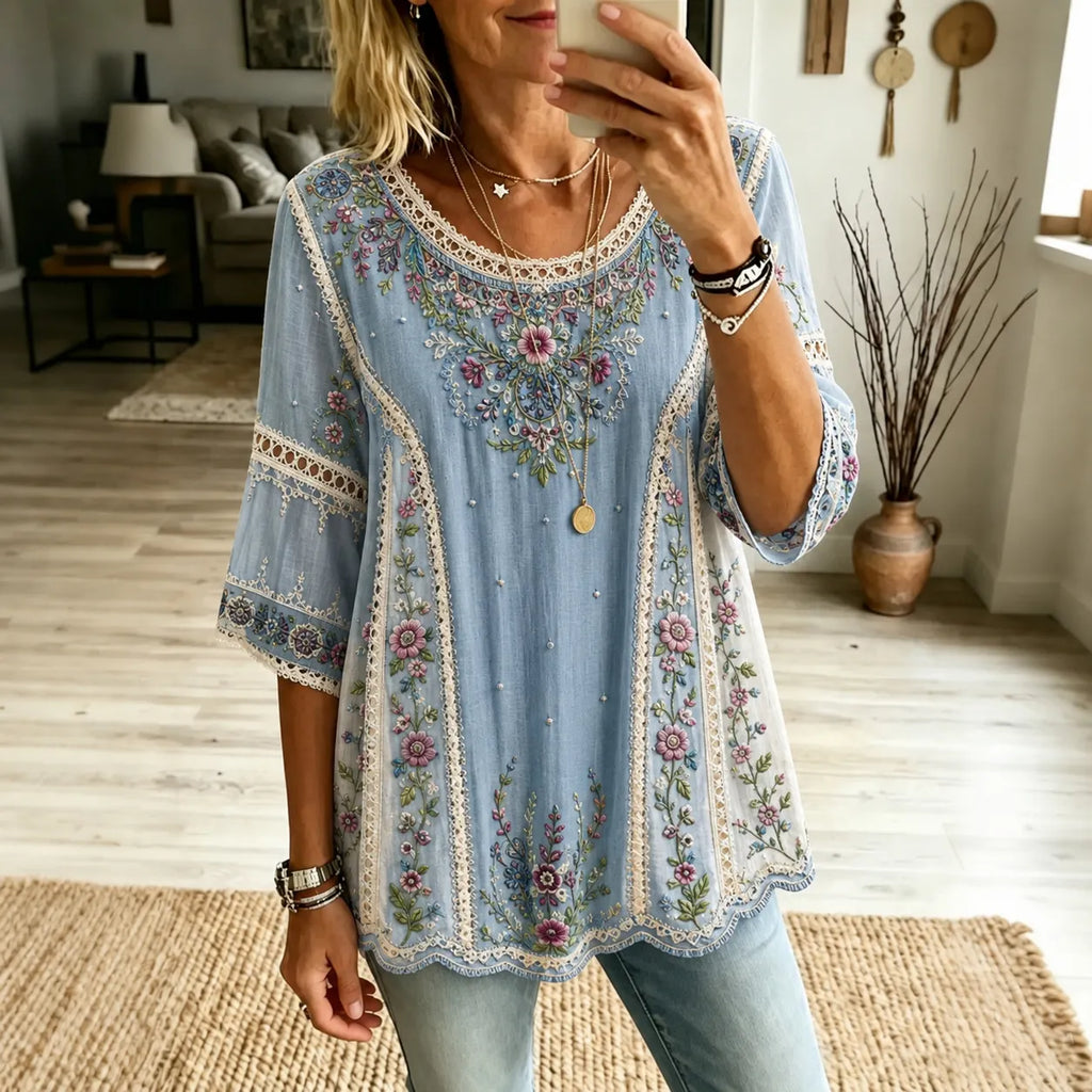 Women's Vintage Floral Embroidered Art Pattern Crew Neck Linen Blend T-shirt