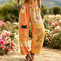 Women's Vintage Floral And Black Cat Art Pattern Casual Linen Pants