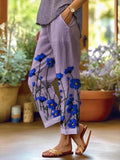 Women's Botanical Floral Design Loose Pocket Patchwork Casual Pants