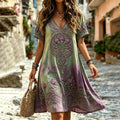 Women's Retro Purple Scottish Floral Embroidered Celtic Knot V-neck Dress