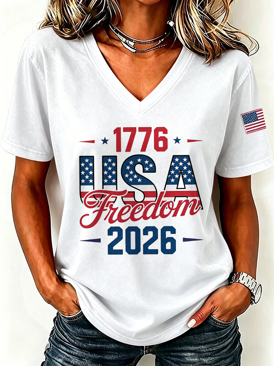 Women's Casual American Independence Day Letter V-Neck T-Shirt