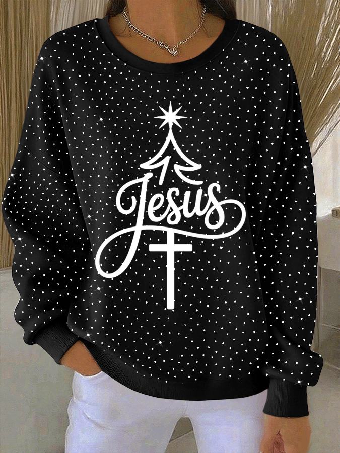 Women's Christmas Faith Print Rhinestone Long-Sleeve Sweatshirt