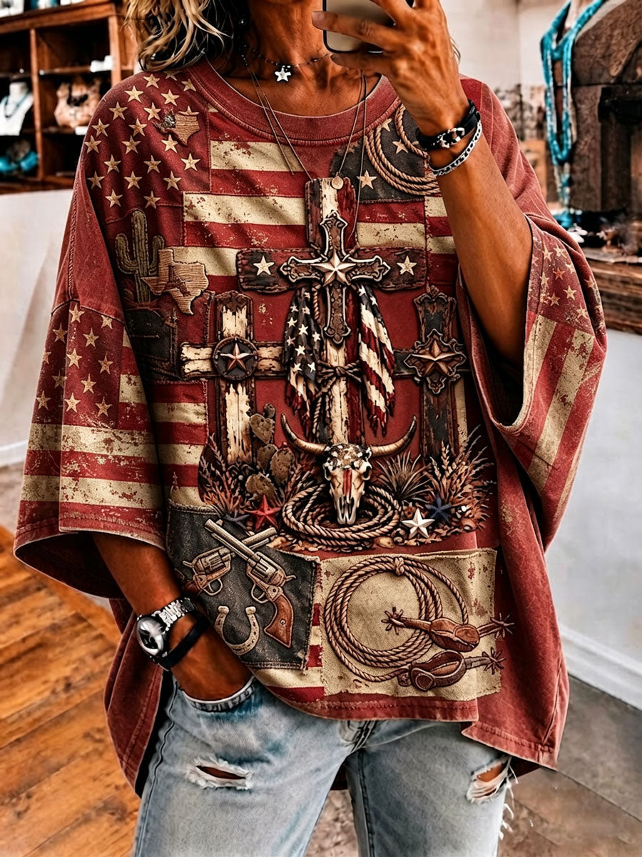 Ladies' Retro Western Style Cross Faith Loose Top