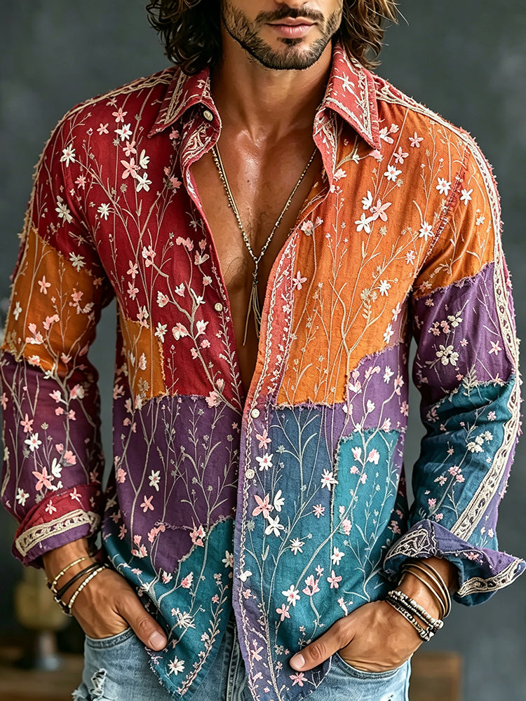Men's Vintage Spring Floral In Hippie Vibe Embroidered Art Print Flowy Linen Blend Casual Shirt