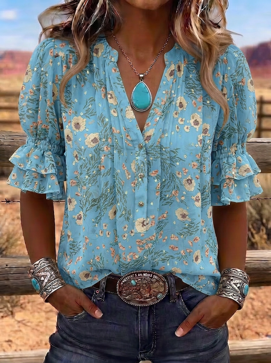 Women's Western Vintage Floral Ruffle Sleeve Printed Top