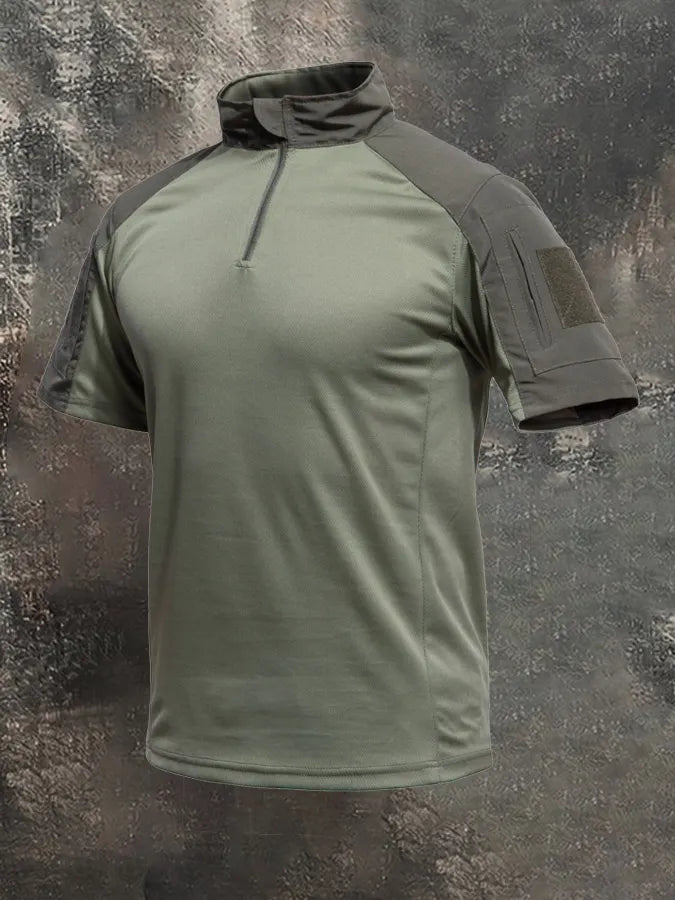 Men's Breathable Military-Style Short-Sleeve Shirt with Stand Collar and Zipper