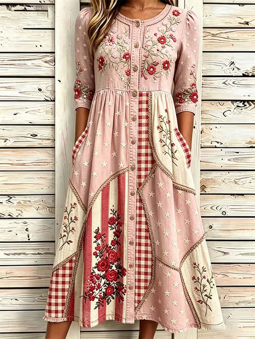 Women'S National flag floral patchwork Print Art Dress