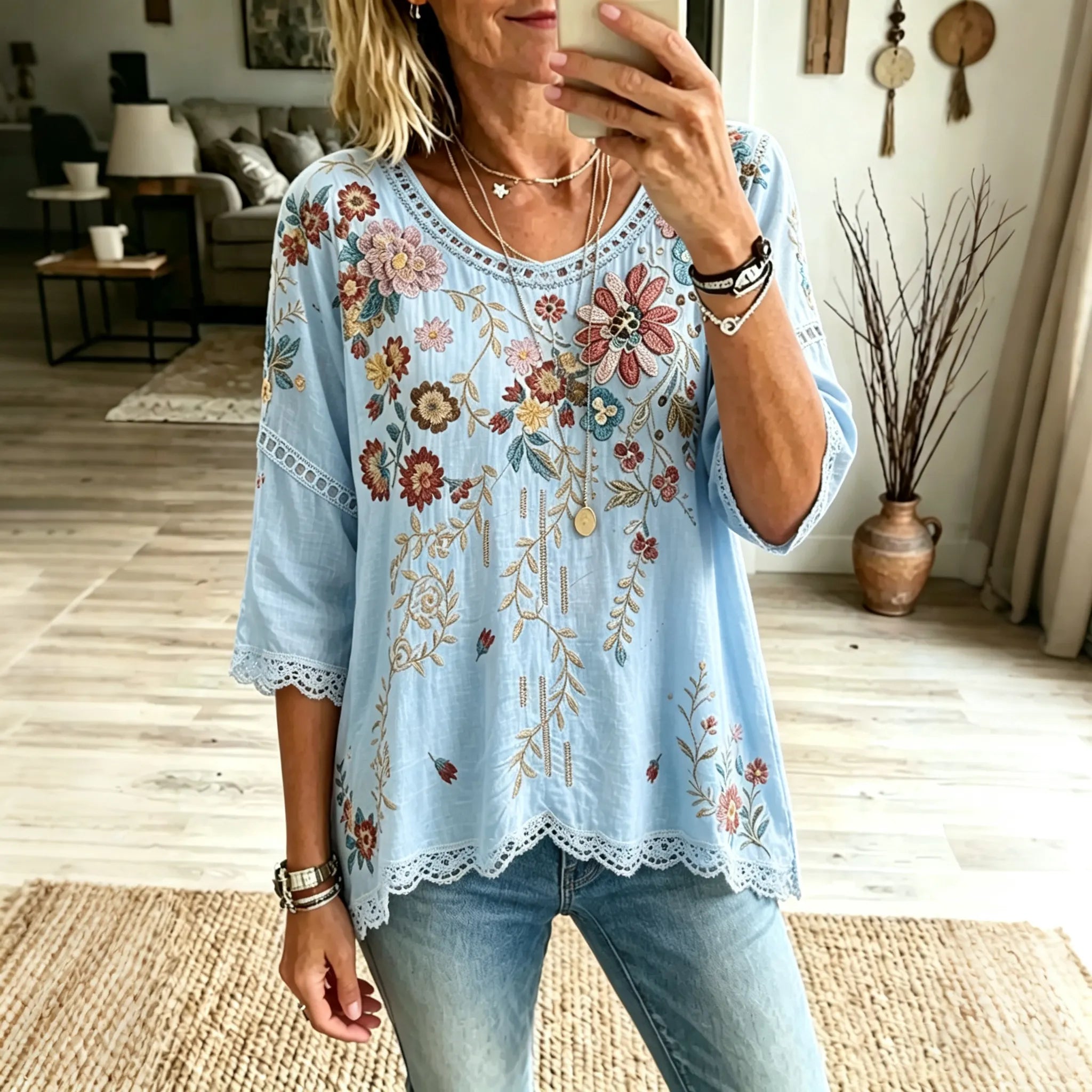 Women's Floral Design Short-sleeved Linen T-shirt