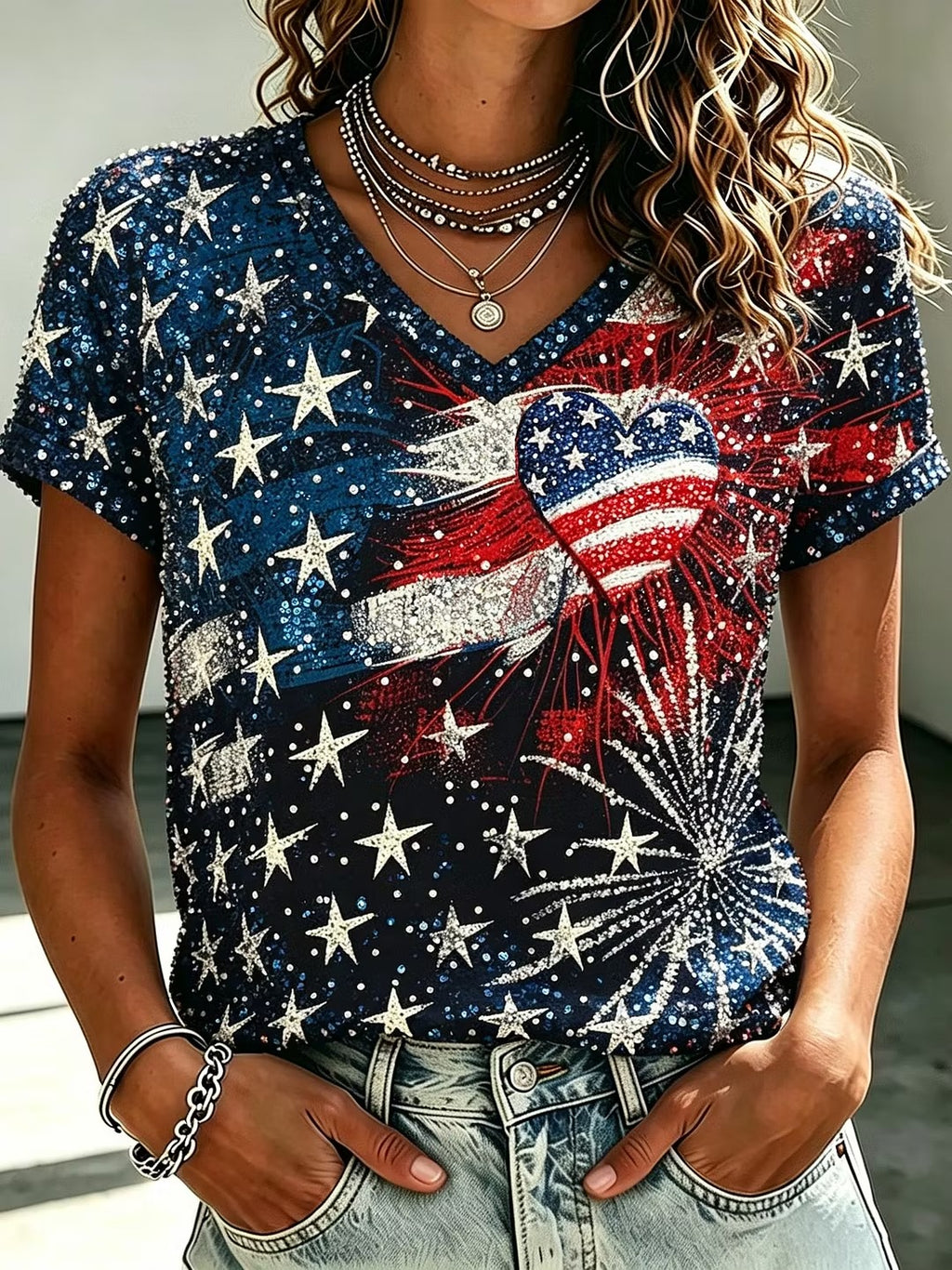 Women's American Flag And Fireworks Print Sequined V-neck T-shirt