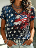 Women's American Flag And Fireworks Print Sequined V-neck T-shirt
