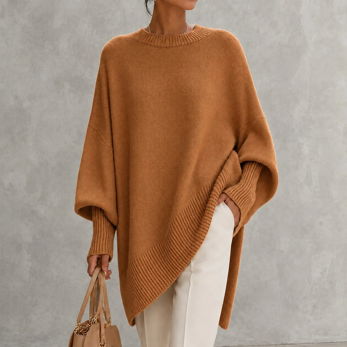 Elegant Solid Color Crew Neck Pullover Knit Sweater