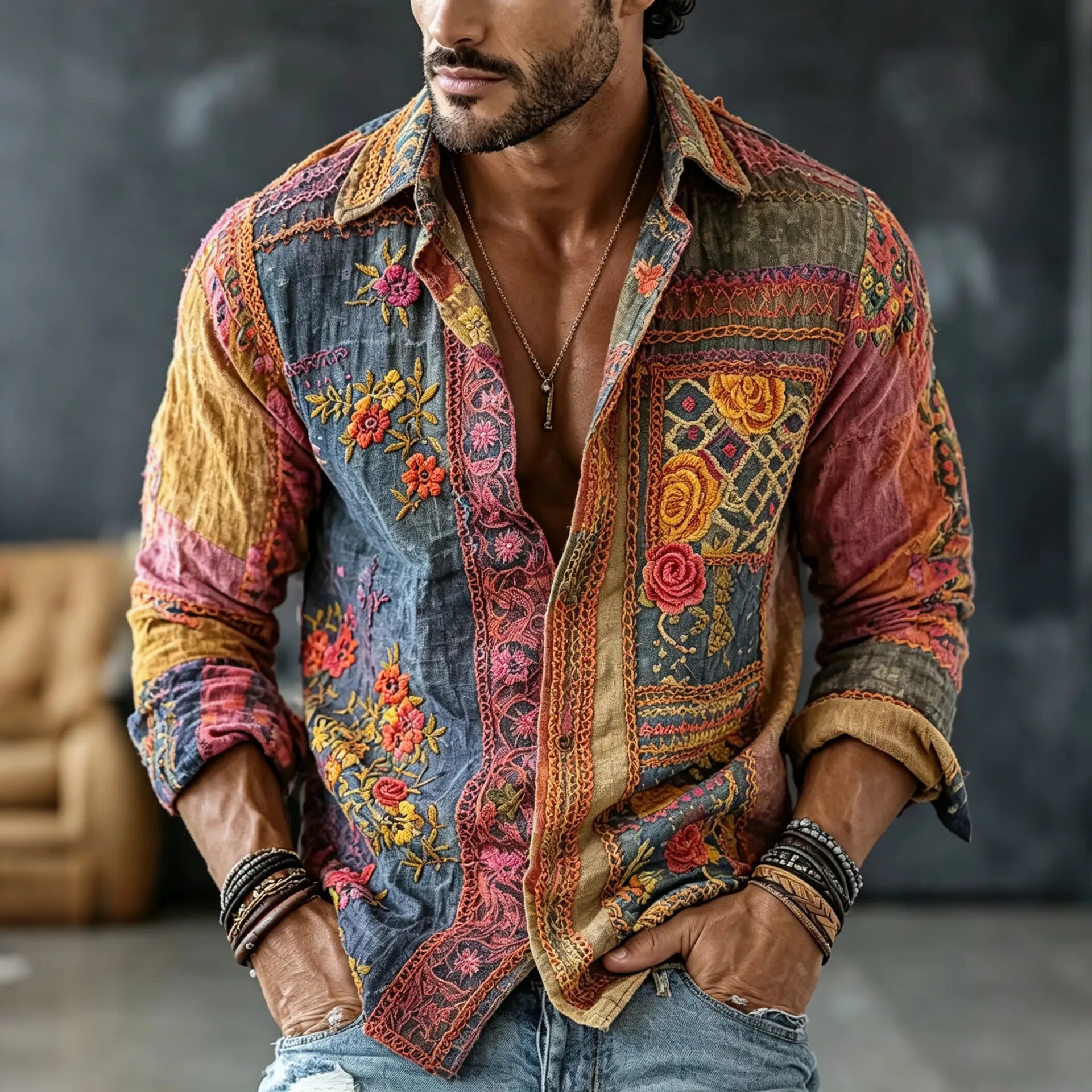 Men's Vintage Floral  Patchwork Embroidered Art Print Flowy Linen Blend Casual Shirt