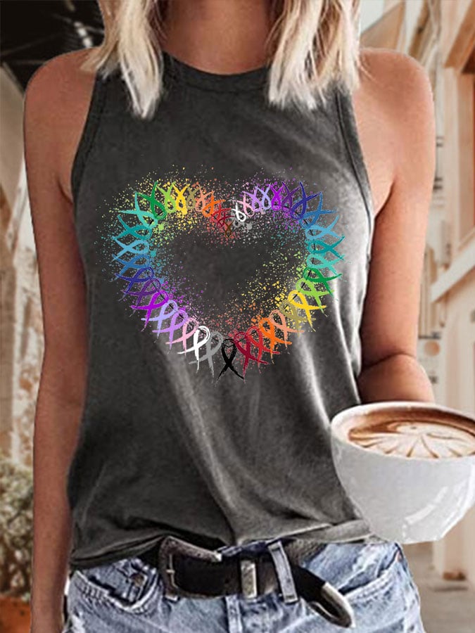 Women's All Cancer Awareness Heart Ribbon Print Tank Top