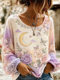 Women's Long Sleeve Blouse With Cuffed Sleeves, Crescent Moon, And Pastel Rose Floral Pattern