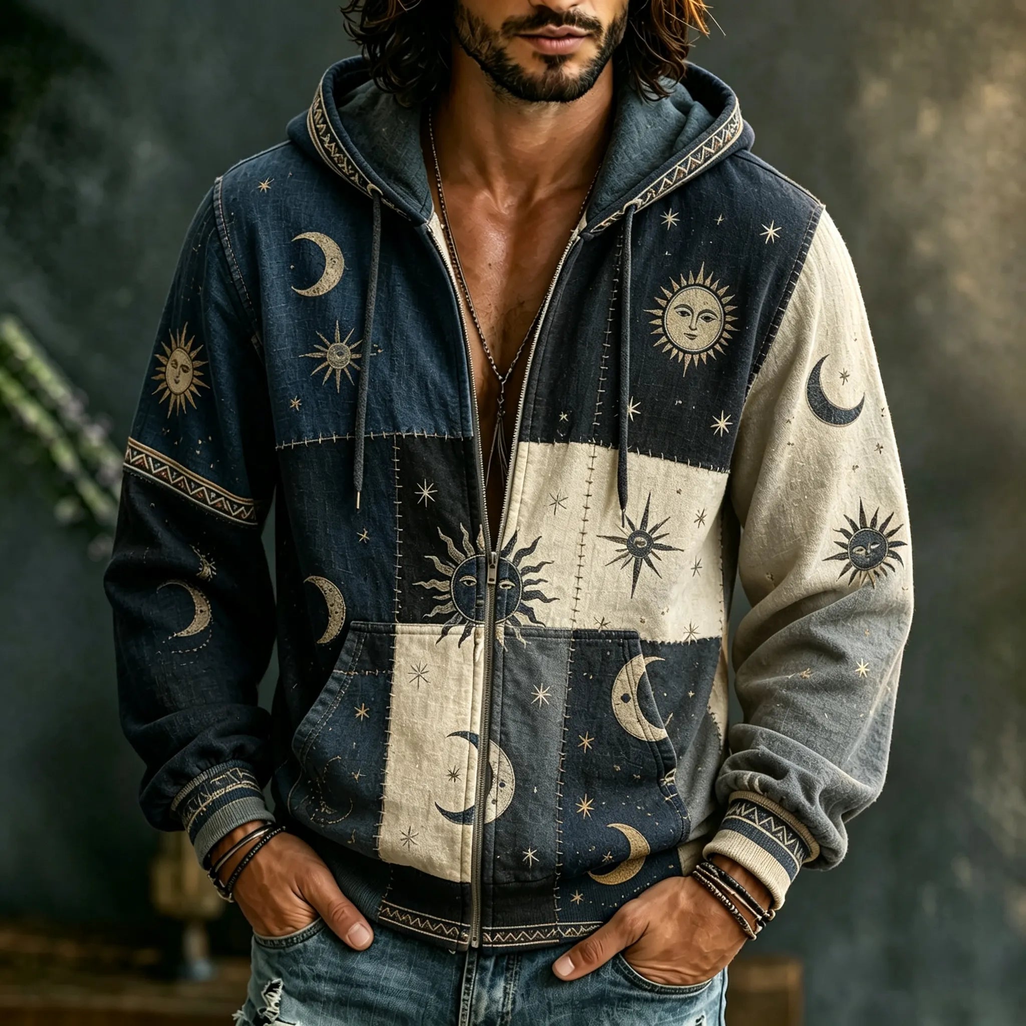 Men's Vintage Sun Moon Star  Patchwork Art Cozy Warm Zipper Hoodie
