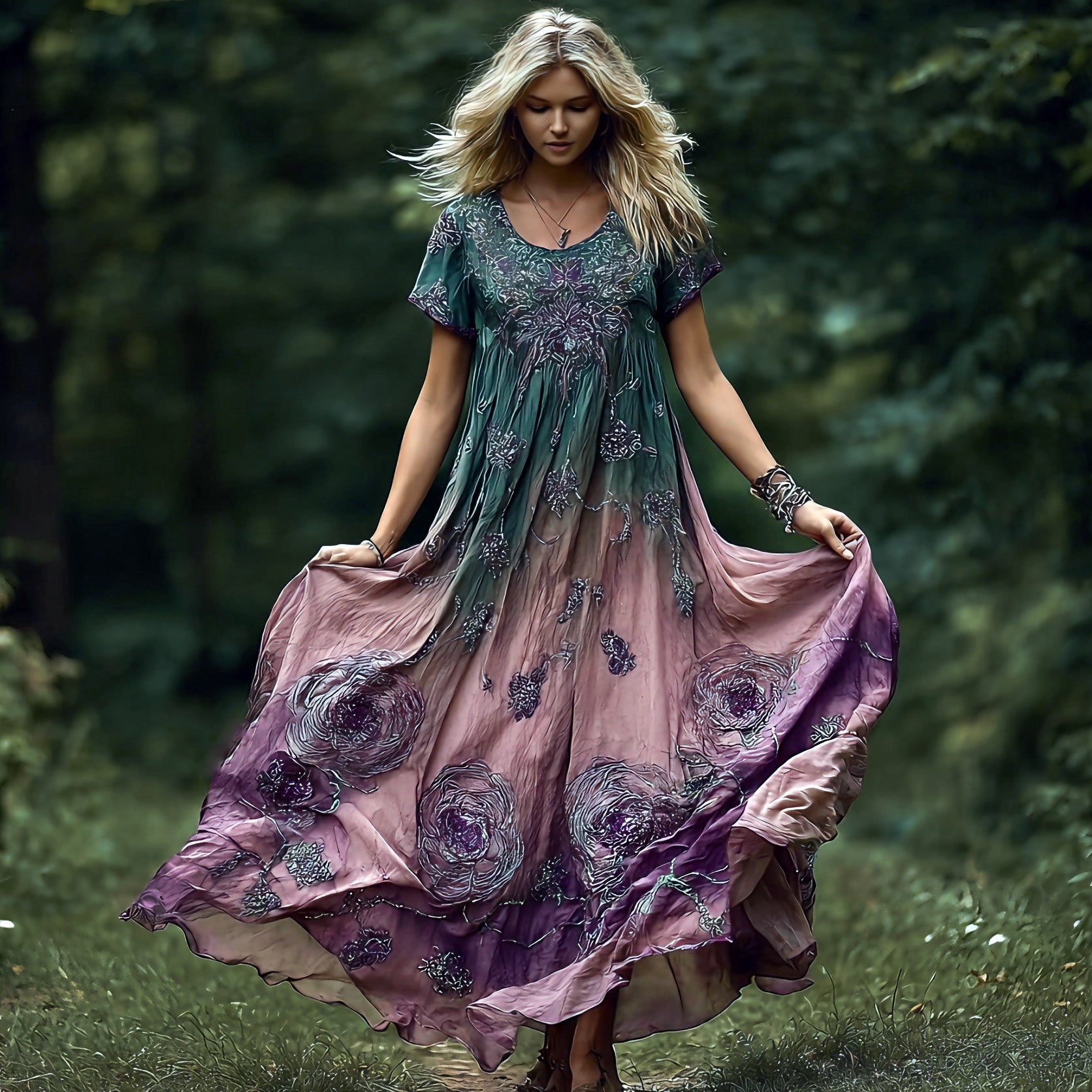 Women's Bohemian-style Floral Print Round Neck Dress
