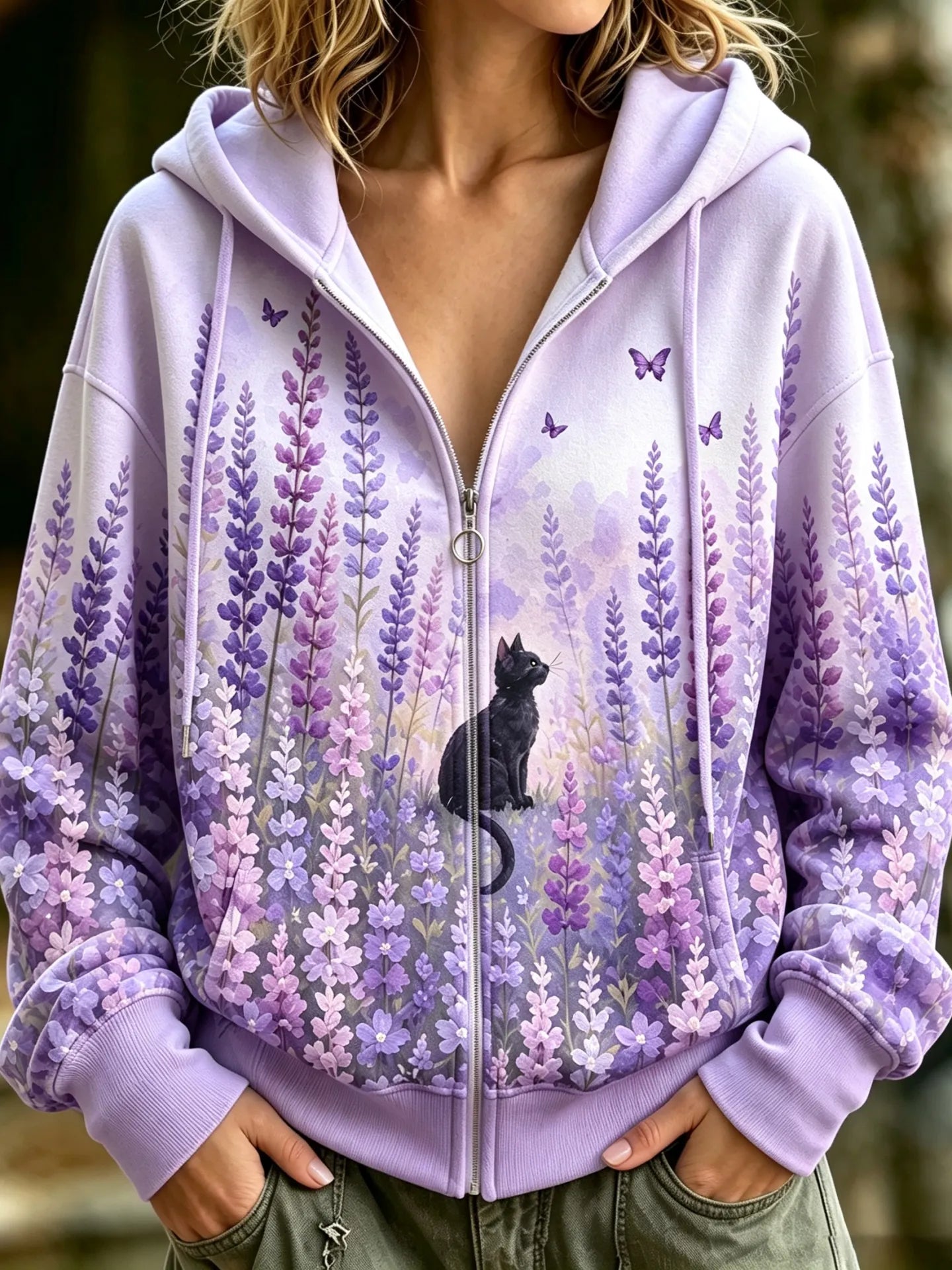 Women's Retro Purple Floral And Cute Cat Pattern Art Casual Zip Up Hoodie