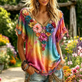 Women's Retro Floral V-neck Short-sleeved Cotton Linen Top