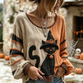 Women's Retro Halloween Wizard Cat Art Embroidered Linen Blend Round Neck Long Sleeve Tops