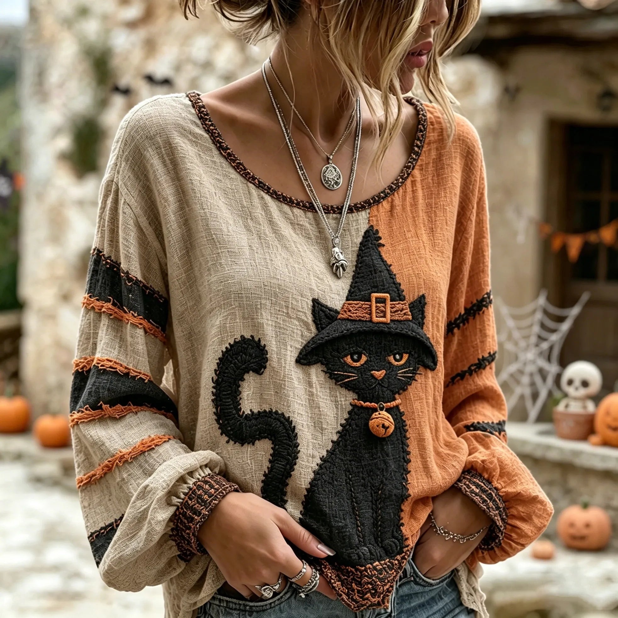 Women's Retro Halloween Wizard Cat Art Embroidered Linen Blend Round Neck Long Sleeve Tops