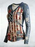 Women's distressed V-neck top with flag patchwork design