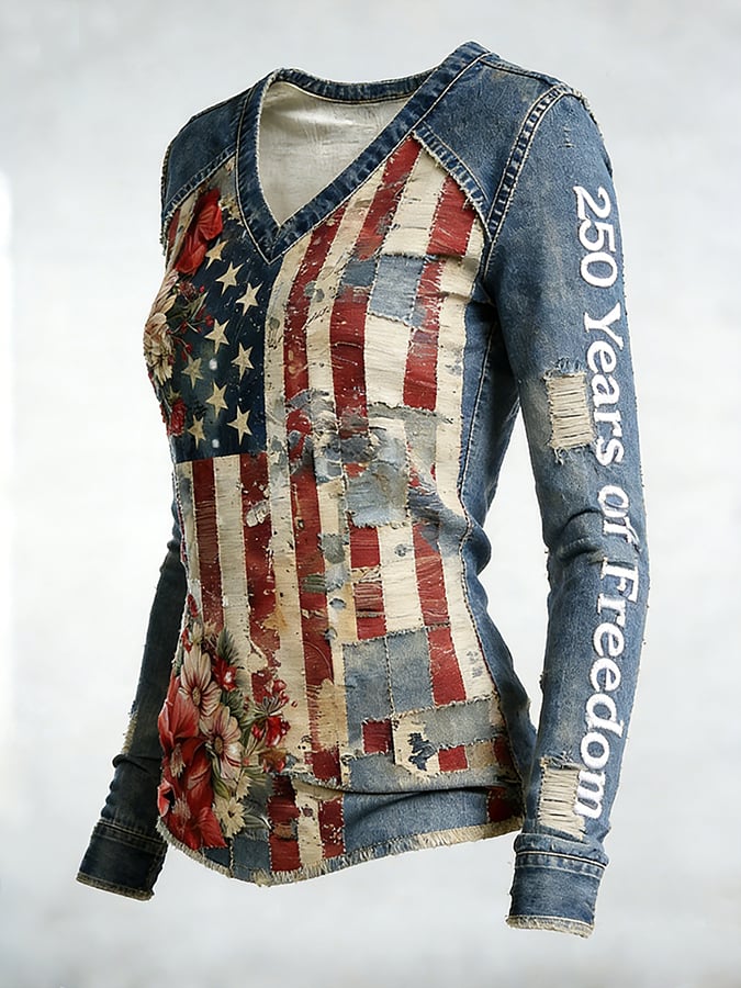Women's distressed V-neck top with flag patchwork design