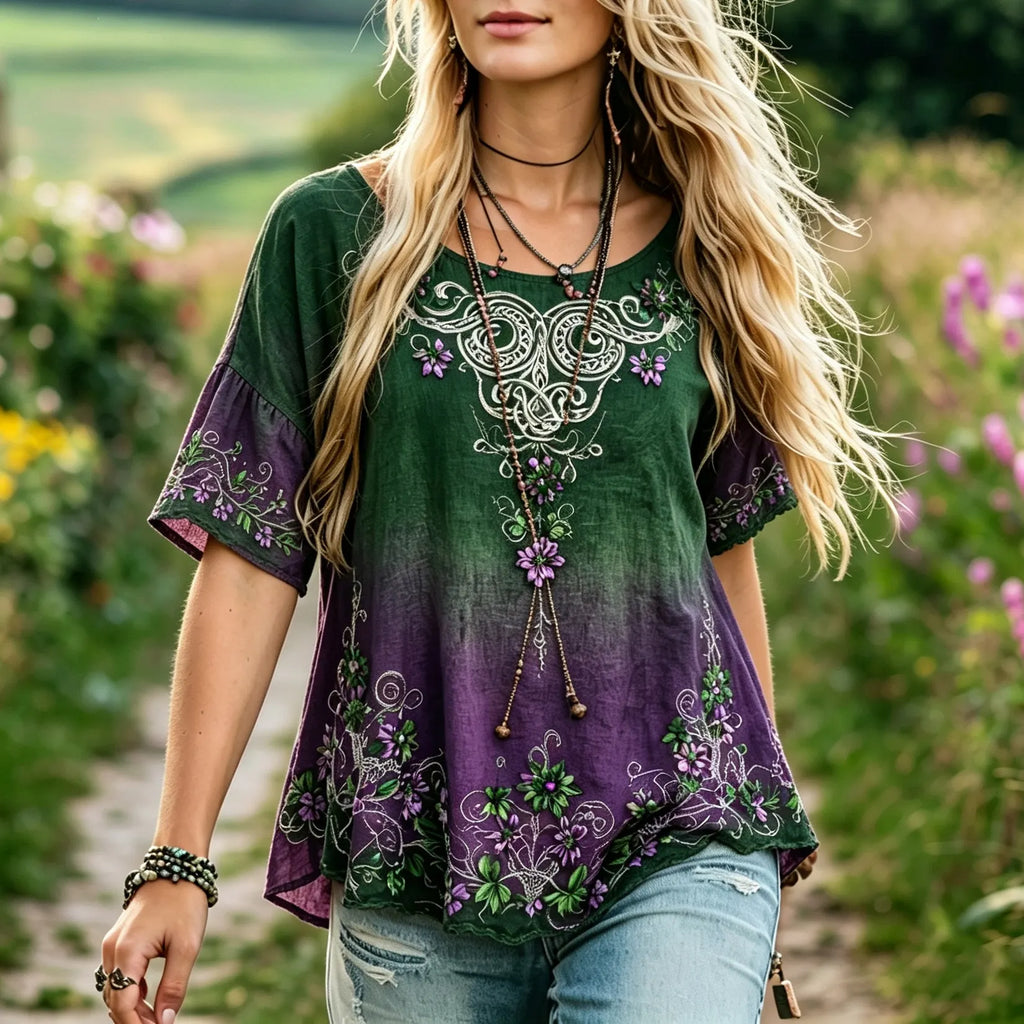 Women's Retro Casual Vacation Gradient Floral Print Cotton Linen Top