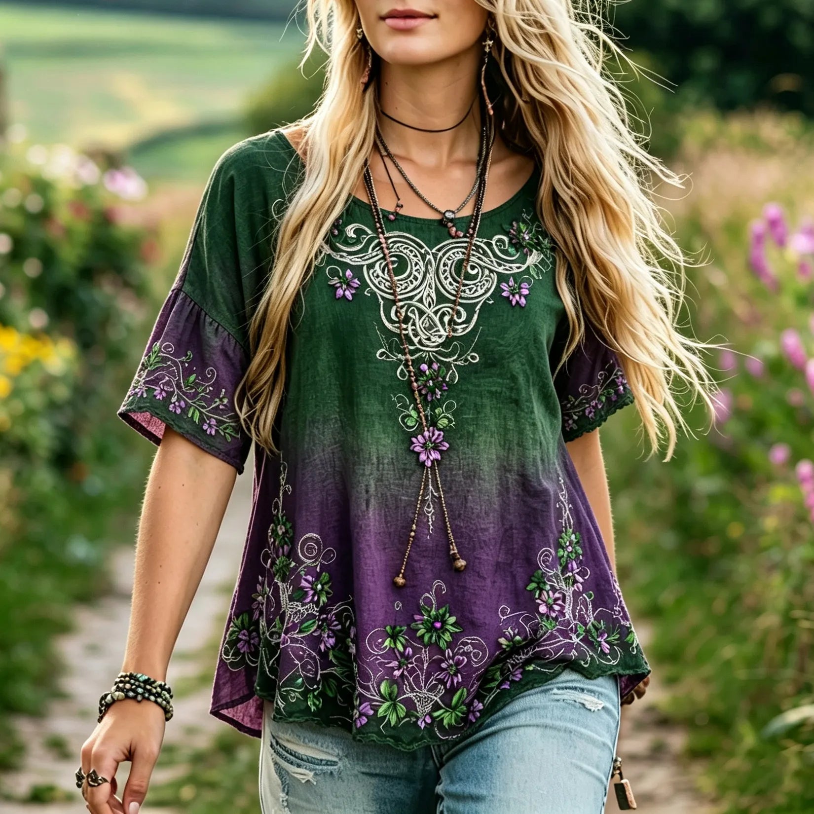 Women's Retro Casual Vacation Gradient Floral Print Cotton Linen Top
