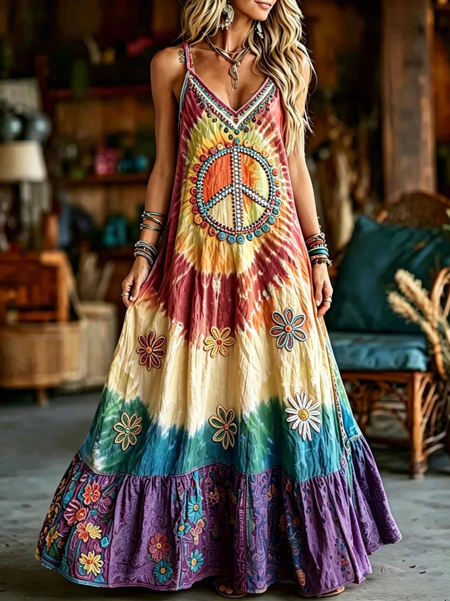 Women's Hippie Floral Peace Pattern Casual Sleeveless Dress