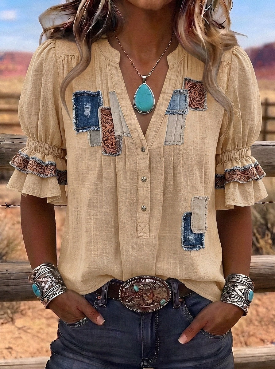 Women's Western Vintage Patchwork Floral Printed Top