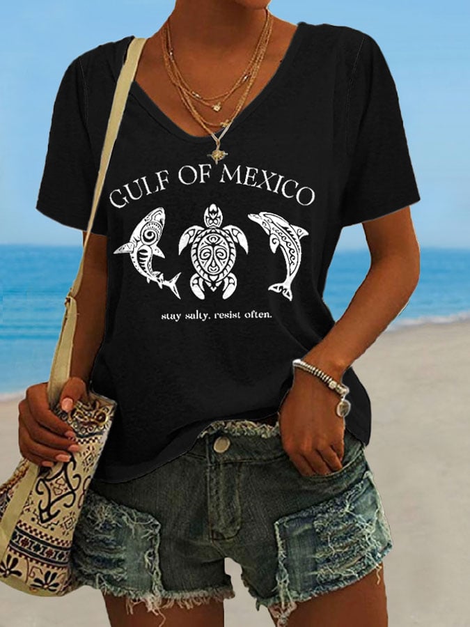 Women's Retro Golfo De Mexico Stay Salty Resist Often Print T-Shirt