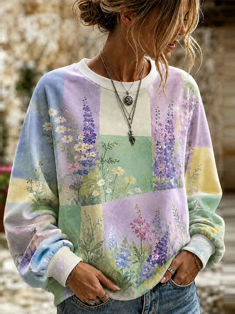 Women's Vintage Colorful Floral Patchwork Art Crewneck Sweatshirt