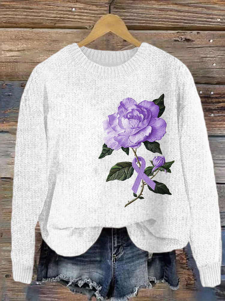 Alzheimer's Purple Rose Embroidered Cozy Knit Sweater