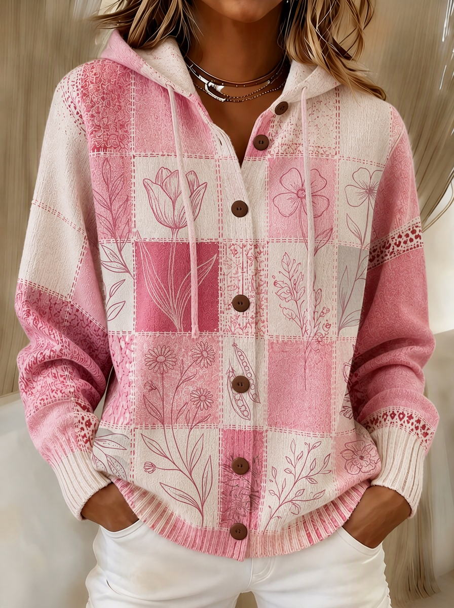 Women's Breast Cancer Awareness Pink Floral Patchwork Printed Cardigan