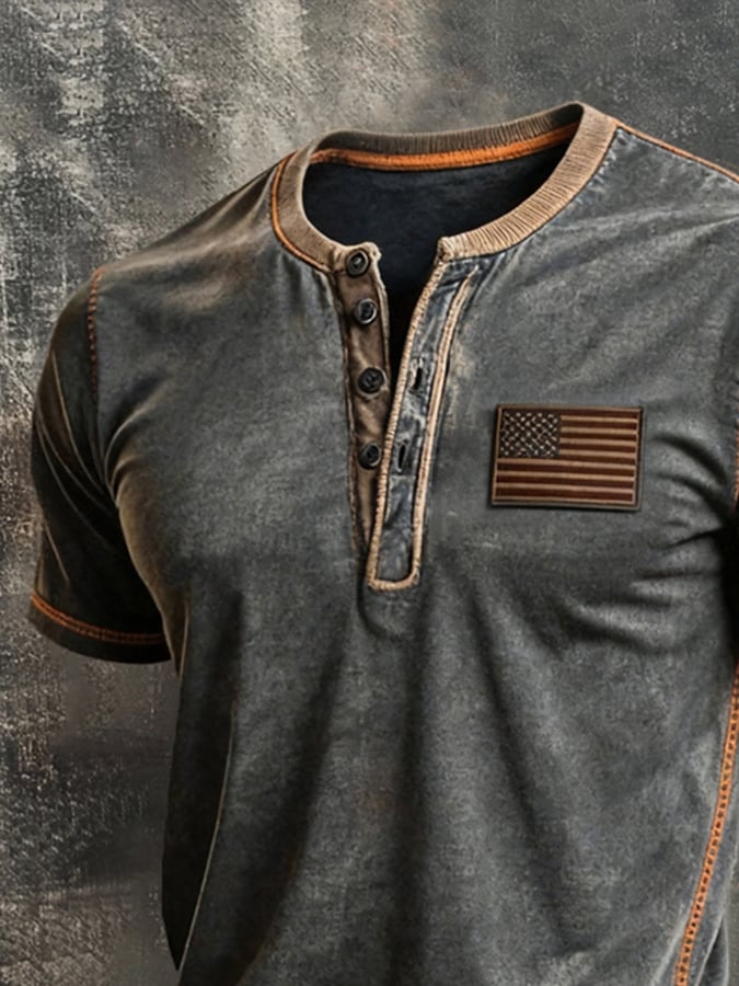 Men's Vintage Independence Day Patriot Henley T-Shirt