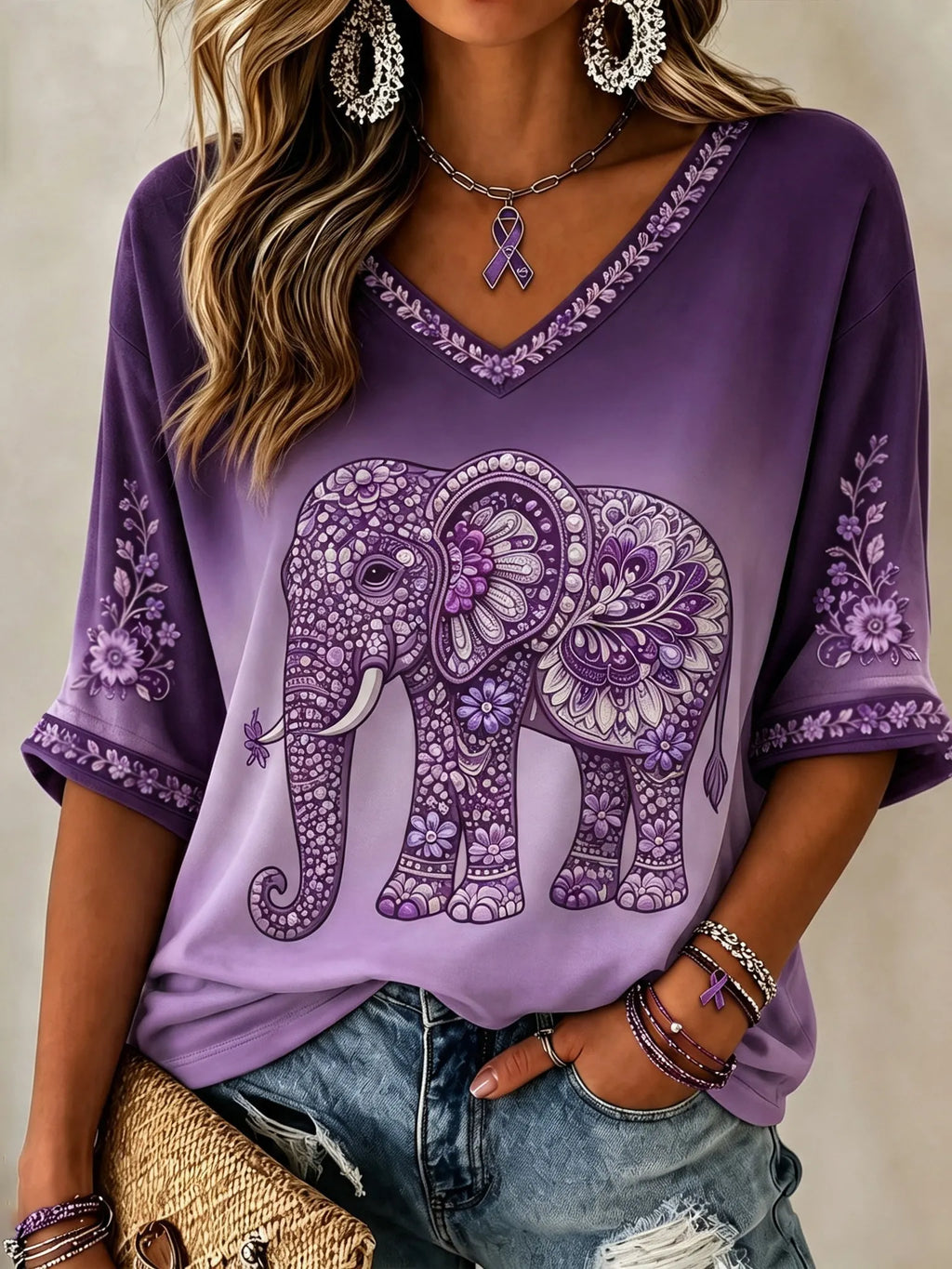 Women's Diamond Elephant Art Print Alzheimer's Awareness Support 3/4sleeves T-shirt