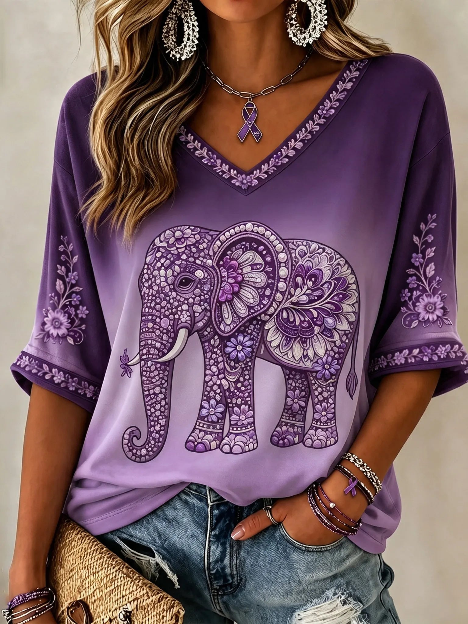 Women's Diamond Elephant Art Print Alzheimer's Awareness Support 3/4sleeves T-shirt