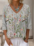 Women's Vintage Floral Lace Art V-neck Three-quarter Sleeve Linen T-shirt