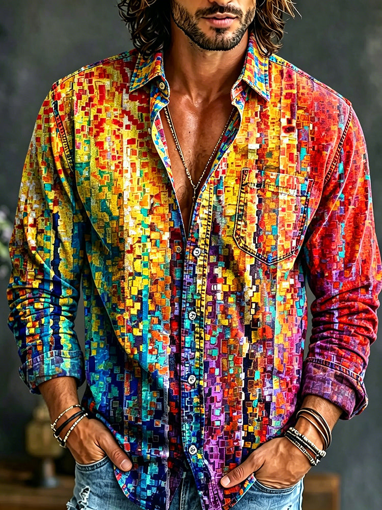 Men's Hippie Retro Color Blocks Art Print Linen Shirt