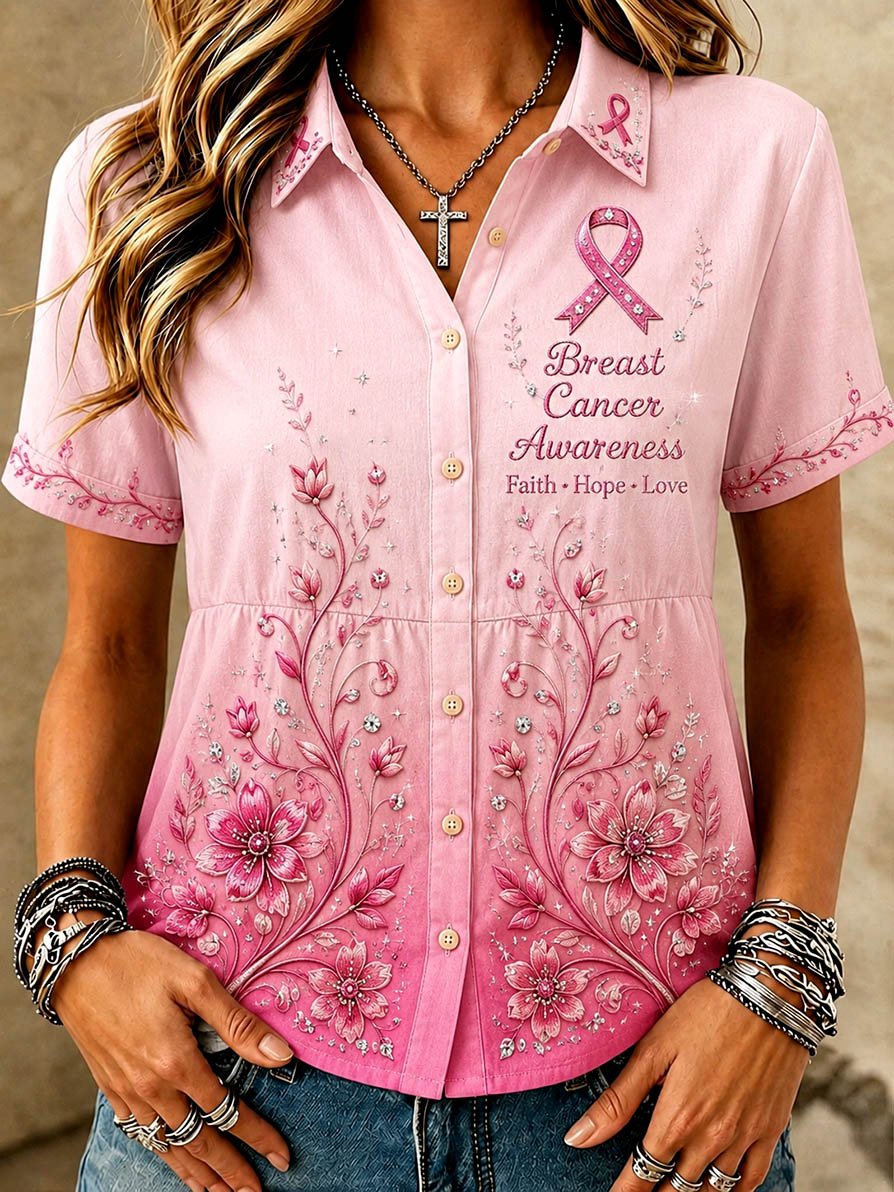 Women's Casual Top with Floral Breast Cancer Awareness Print